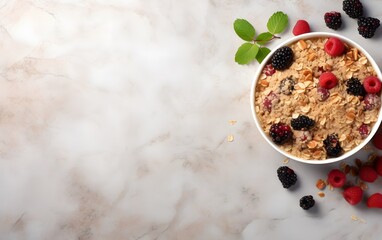 Top View of Delicious Berry Crumble Dessert on Marble Tabletop - obrazy, fototapety, plakaty