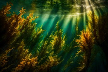 Fototapeta na wymiar A Lush Undersea Tapestry of Verdant Greenery Surrounding an Enchanting Undersea Lake, Where Graceful Jellyfish Float in a Ballet of Bioluminescence, Creating an Ethereal Underwater Environment Teeming