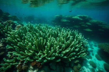 Fototapeta na wymiar A Lush Undersea Tapestry of Verdant Greenery Surrounding an Enchanting Undersea Lake, Where Graceful Jellyfish Float in a Ballet of Bioluminescence, Creating an Ethereal Underwater Environment Teeming