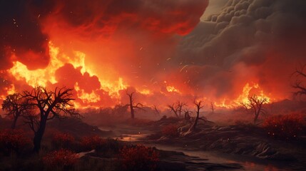 an wildfire engulfing a synthetic savannah