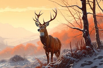 Beautiful red deer in the winter forest