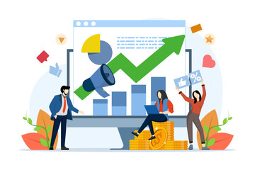 Concept of journalism, advertising, online advertising in flat design. people are involved in PR, targeting, marketing. Successful work on the Internet and office. flat vector illustration.