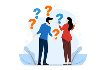 frequently asked questions concept, frequently asked questions around exclamation marks and question marks, question answer metaphor, FAQ for landing pages, mobile apps, web banners, infographics.