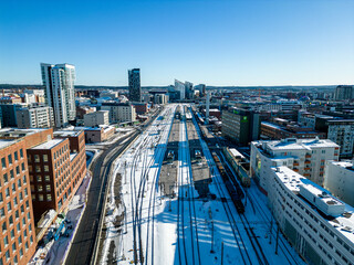 Aerial view of Tampere railway station in winter