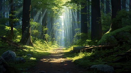 Winding dirt road beckons into a verdant forest, where sunlight dances through a canopy of towering trees.