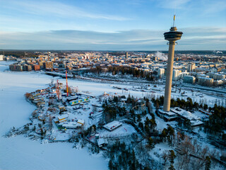 Aerial view of Tampere city skyline during winter