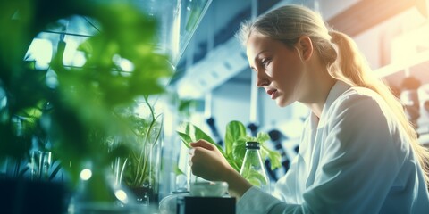 A female biochemist with sample analysis - obrazy, fototapety, plakaty