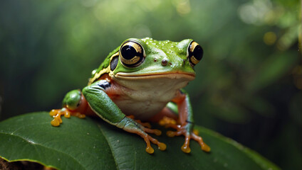 Frog on a leaf close up