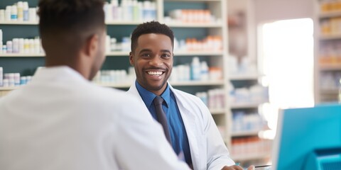 Male pharmacist communicates with a client - Powered by Adobe
