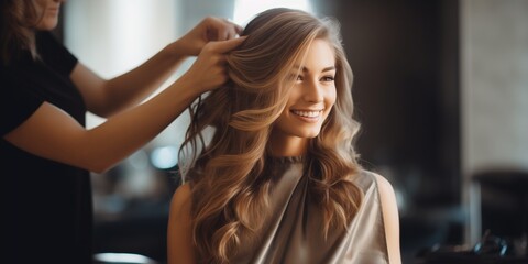 Fototapeta premium A young beautiful woman is getting her hair done