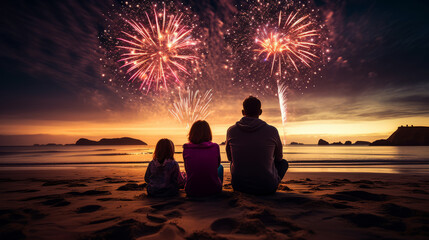 Family sitting on beach at night watching New Year's Fireworks