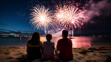 Family sitting on beach at night watching New Year's Fireworks