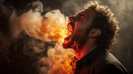 Man breathing fire after eaten hot and spicy food