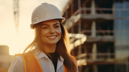 Portrait of a woman construction worker with helmet in front of a building in construction - obrazy, fototapety, plakaty