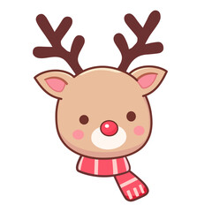 cute Reindeer head with scarf. Christmas cartoon vector illustration.