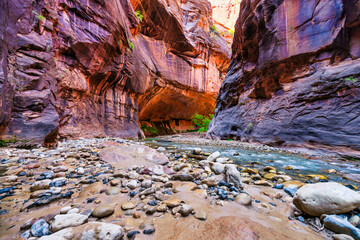 Zion National Park, Utah, USA, narrowing trail. Beautiful scenery, views of incredibly picturesque cliffs and mountains. Concept, tourism, travel, landmark