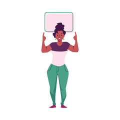Dark-skinned woman point up to the board over her head, vector on white