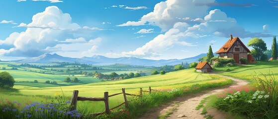 Beautiful illustration of a small house in the middle of lush green field.
