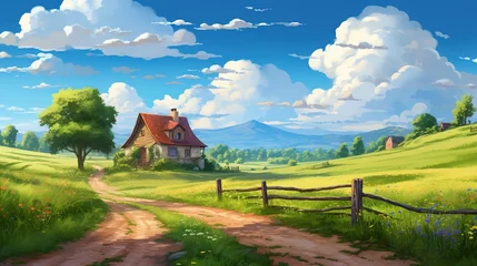 Gardinen Beautiful illustration of a small house in the middle of lush green field. © Fokasu Art