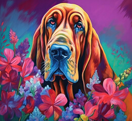Bloodhound Floral Illustration - obrazy, fototapety, plakaty