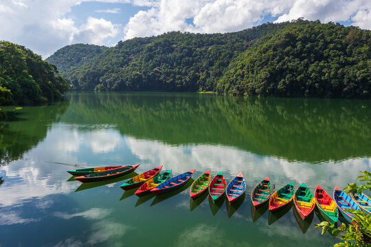 Pokhara Phewa Lake, colorful boats, Nepal