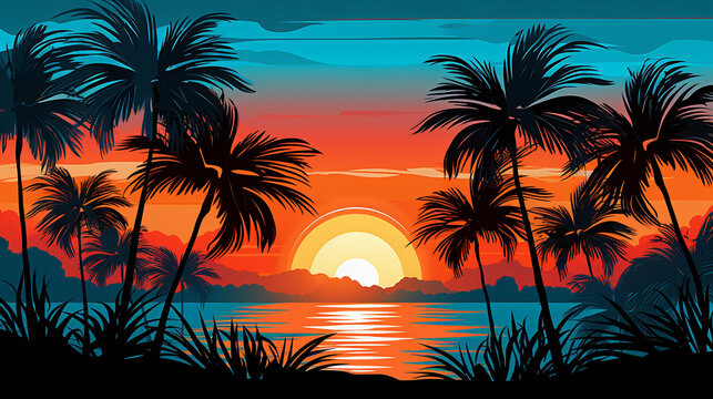 palm trees at sunset HD 8K wallpaper Stock Photographic Image 