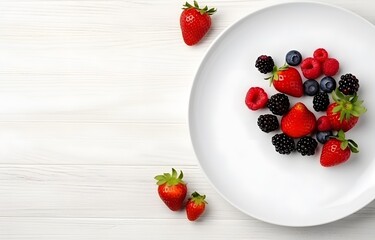 raspberries, strawberries, blackberries, wild strawberries, blueberries on white plate on white wooden table for food card design