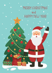 Christmas card or poster Santa Claus waving hand, bagful of gifts, Christmas tree, snow and text Merry Christmas and Happy New Year on blue background. Flat cartoon vector illustration.