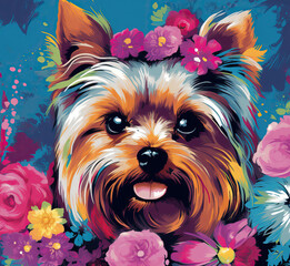 Yorkshire Terrier Floral Illustration