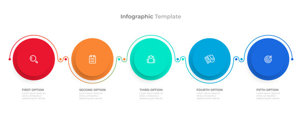 Business infographic thin line process with circles template design with icons and 5 options or steps. Vector illustration.