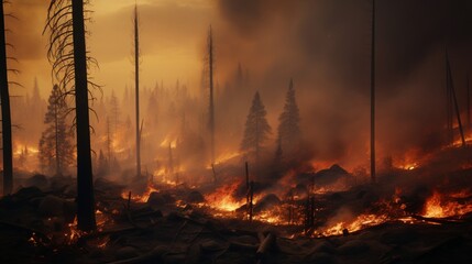 In a digital wilderness, wildfires threaten the ecosystem, sparking a race against time to contain the blaze - obrazy, fototapety, plakaty