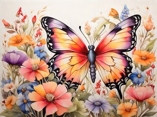 Una mariposa vibrante con delicadas alas de acuarela, revoloteando a través de un campo de flores - obrazy, fototapety, plakaty