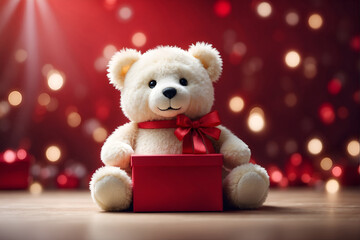Cute toy bear with christmas gift on bokeh lights background