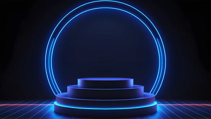 3D render of Cylinder podium with blue neon lights on dark background. podium for technology product presentation. empty dark. neon light display with blank backdrops.
