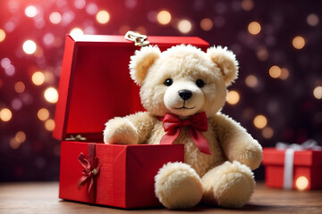 teddy bear with gift box, festive Christmas character, art illustration
