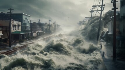 In a virtual world, a hurricane approaches a coastal populated town, challenging residents to prepare and adapt - obrazy, fototapety, plakaty