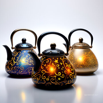 tea set, teapot cast iron vintage tea kettles, painted kettles