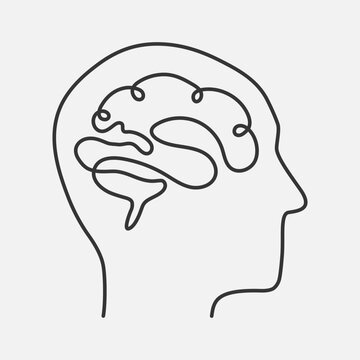 Human brain in head  line icon. Self betterment. Hand drawn image. Vector