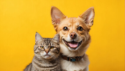 Obraz premium cat and dog in front of bright yellow background