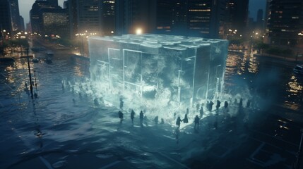 Observe the deployment of holographic barriers to shield a virtual city from devastating floods