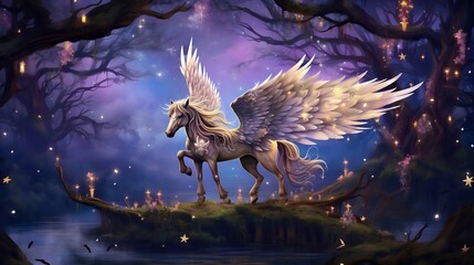 white Pegasus standing gracefully under the starlight, its large wings ready for flight