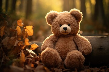 Teddy Bears Basking in Sunlight: A Serene Field of Plush Companions, the charm of childhood and the peaceful serenity that comes with the company of soft, huggable friends in a natural setting.