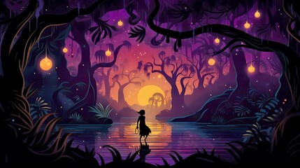 young girl standing by a hidden lake deep in a mystical forest, with a large full moon in the background