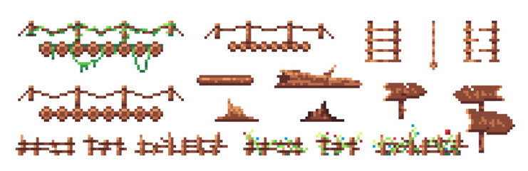 A set of elements for the designer of 2D game locations and platformers. Props of wooden products. Bridges, stairs, logs, fences, signs, stumps.