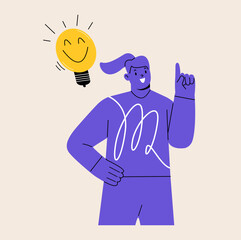 Happy woman come up with brilliant creative idea. Concept of new idea. Colorful vector illustration