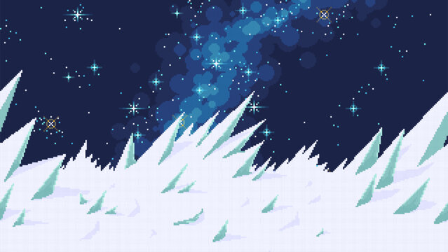 Ice Planet Landscape In Pixel Art Style. Space Background For 2D Games. Game Level With Night Background And Milky Way.