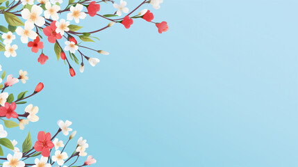 Spring flower border on soft blue background copy space