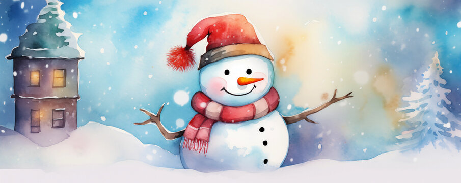 Christmas watercolor background. Christmas card. Adorable winter snowman postcard