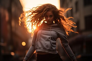A young brunette in a gray hoodie and black pants stands against the sunset, her long hair fluttering in the wind. - obrazy, fototapety, plakaty