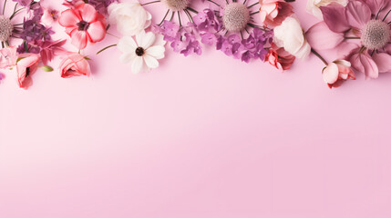 Spring flower border on soft pink background copy space